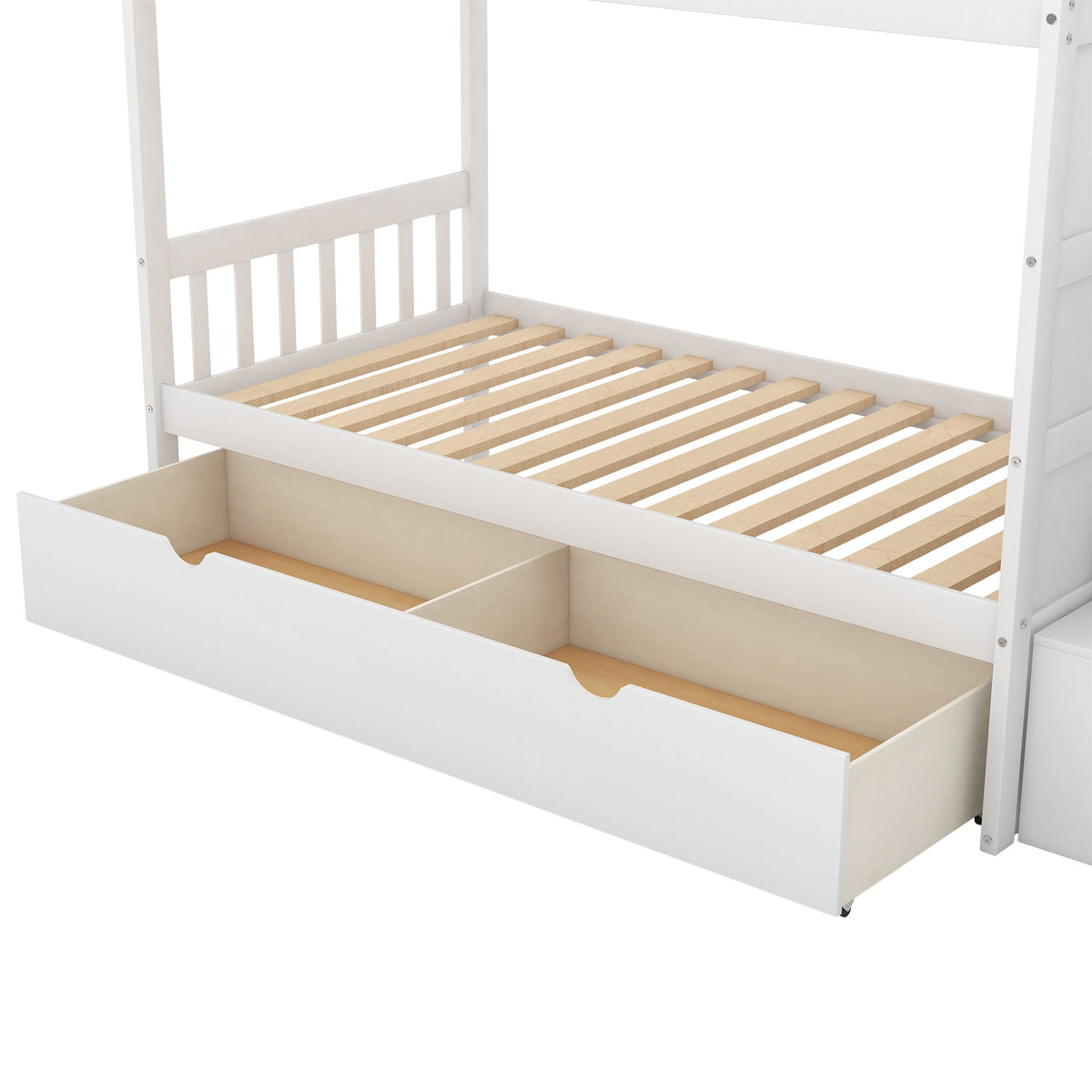 Convertible Twin Over Full Bunk Bed with Storage Shelves and Drawers - White or Dark Gray
