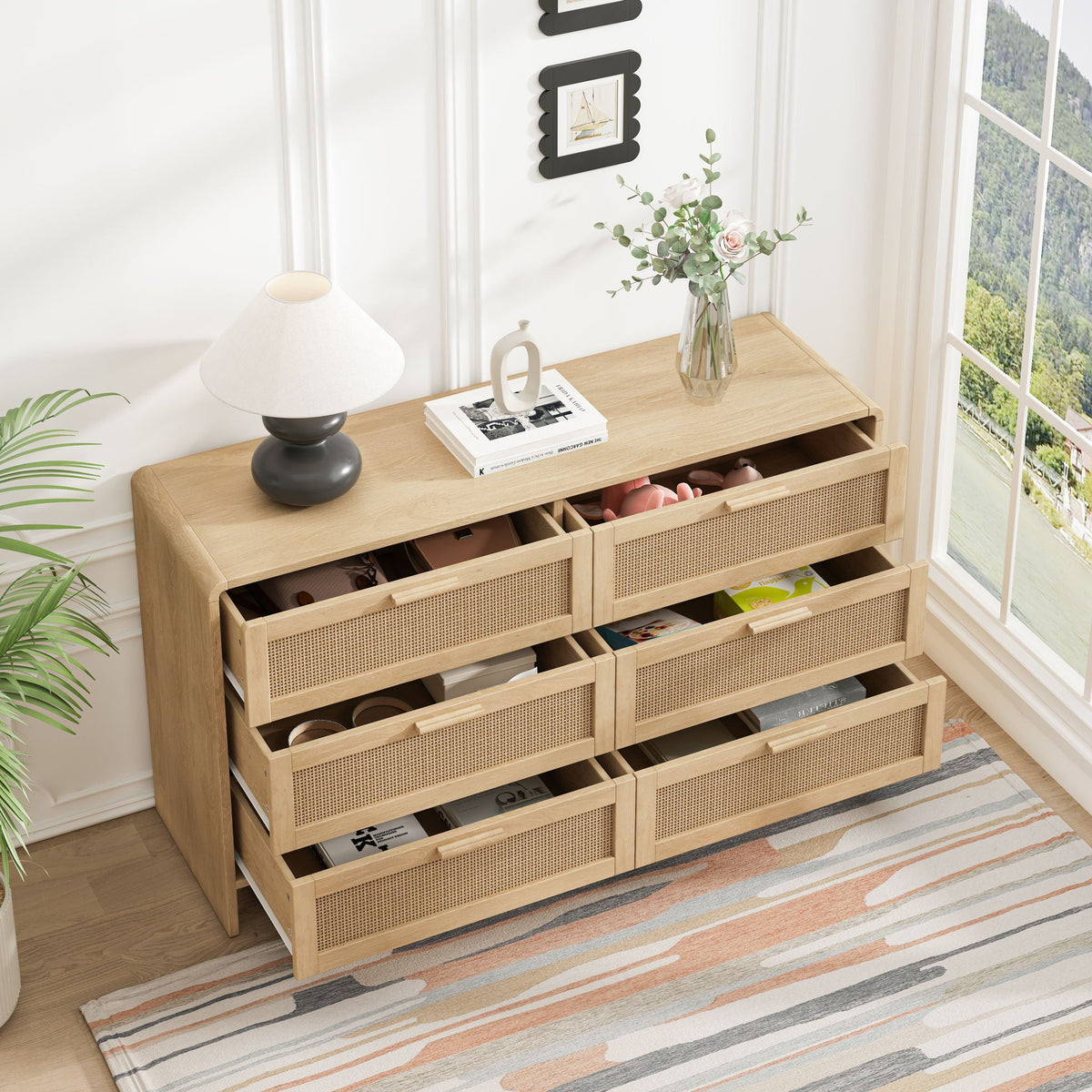 Modern Arc Shaped Rattan Accent Cabinet with 6 Drawers - Light Brown