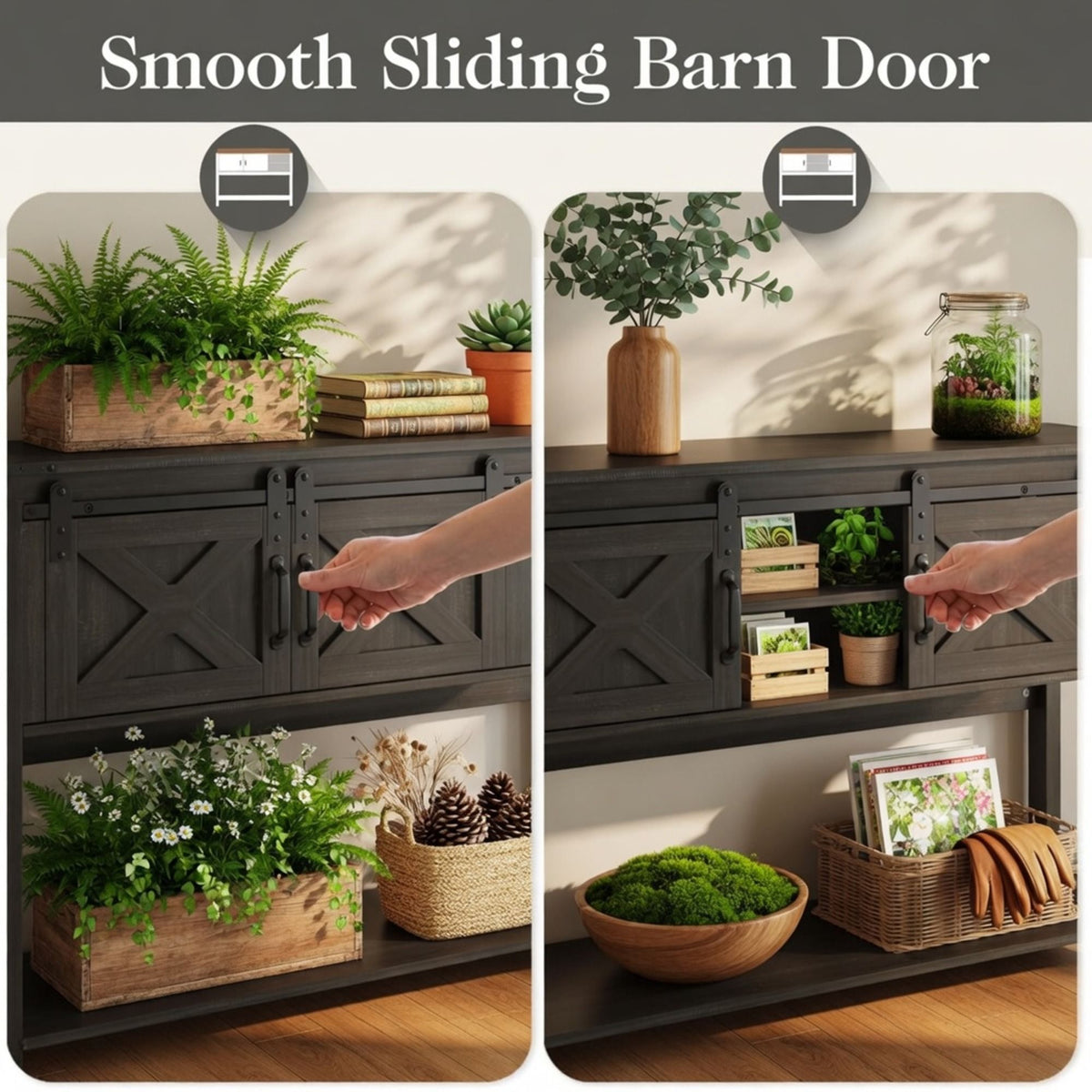 Farmhouse Entryway Table with Sliding Barn Door - Gray, Dark Gray, White, Black