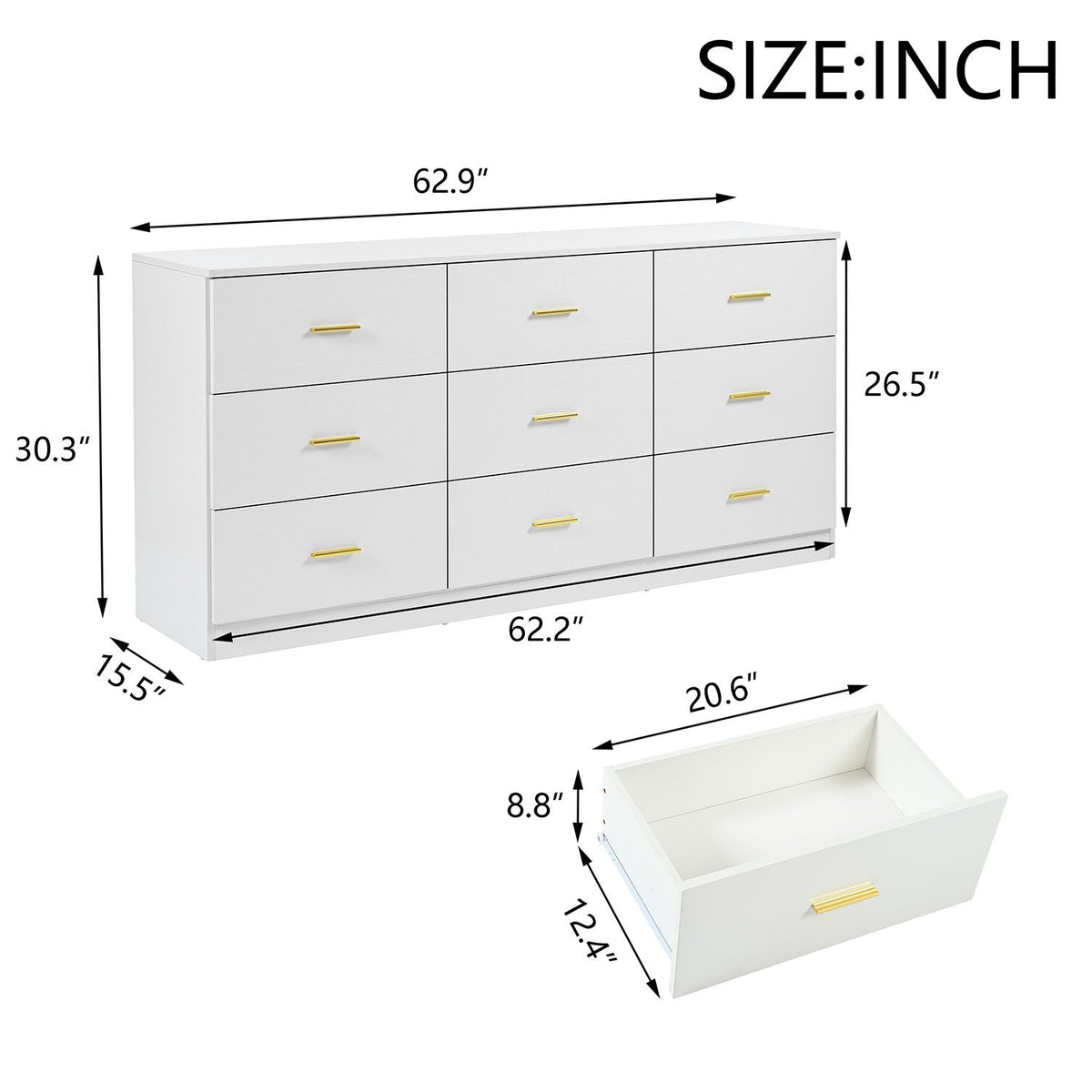 9 Drawer Dresser with Ample Storage - Light Brown, Black, White