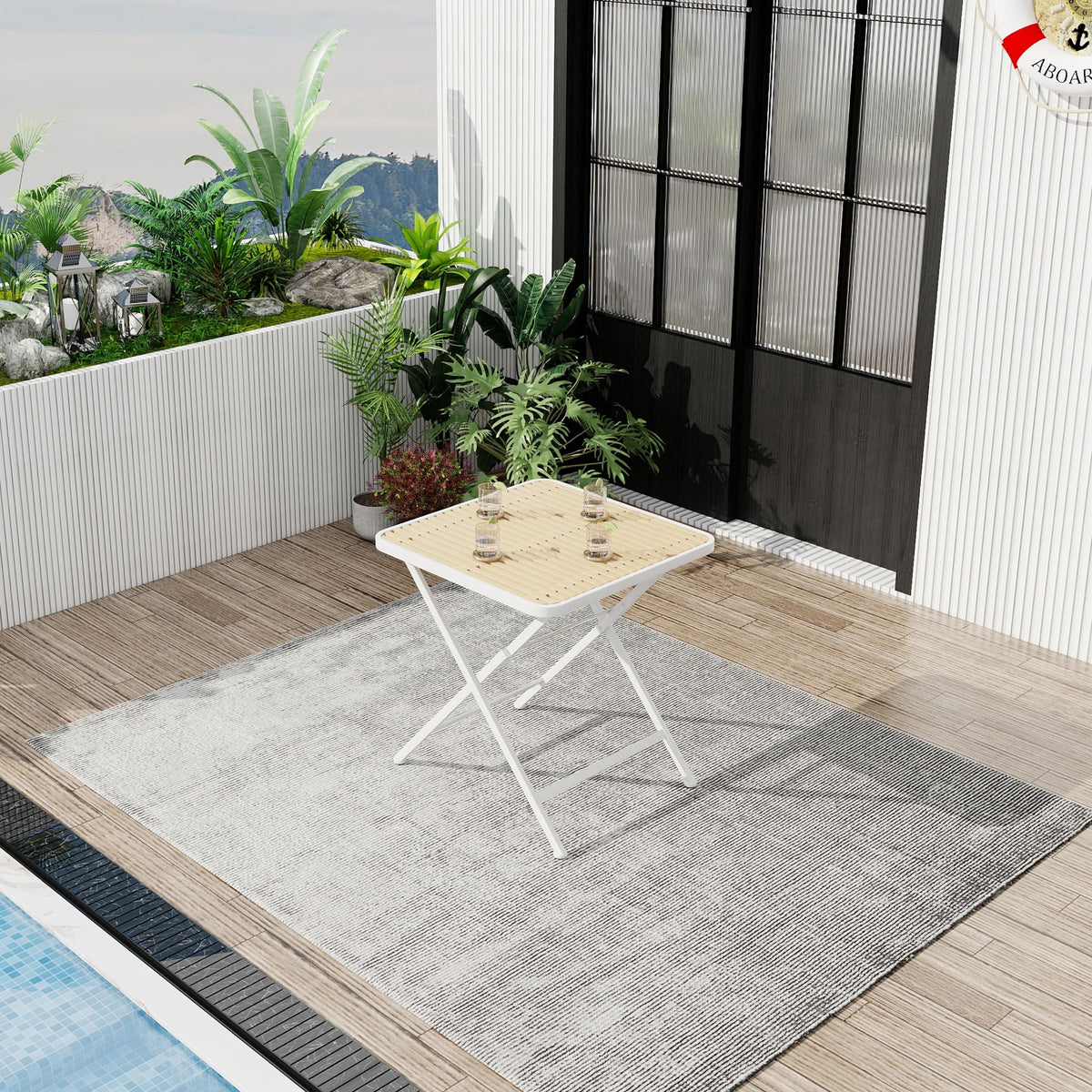 Modern Folding Square Table with Waterproof Top - Apricot / White