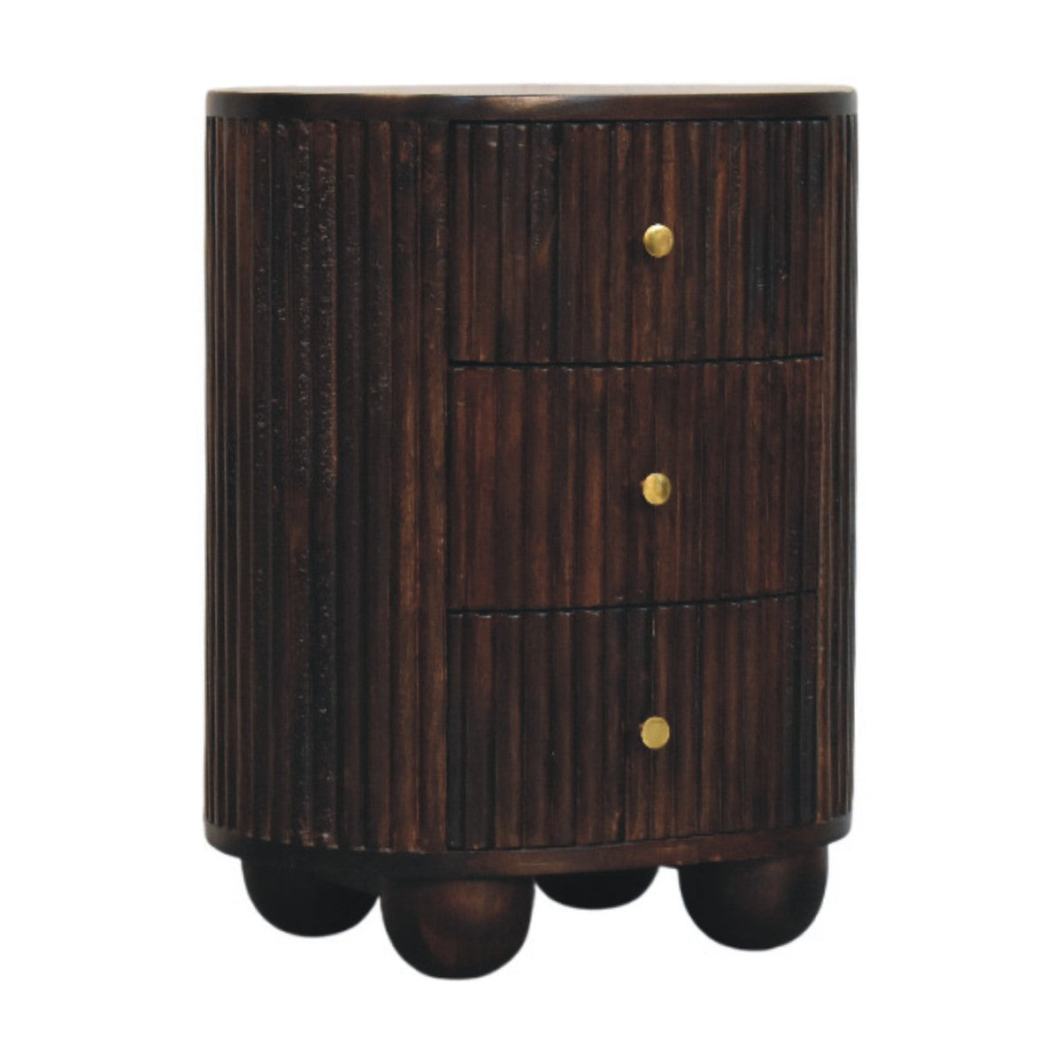 Solid Wood Curved Fluted 3-Drawer Drum Chest with Velvet Mocha Finish
