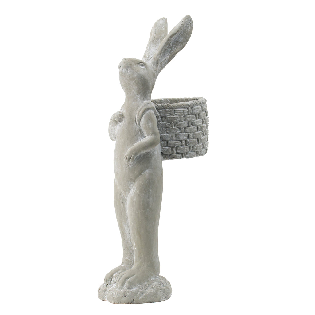 Tall Cement Rabbit Planter with Basket - Organic Gray