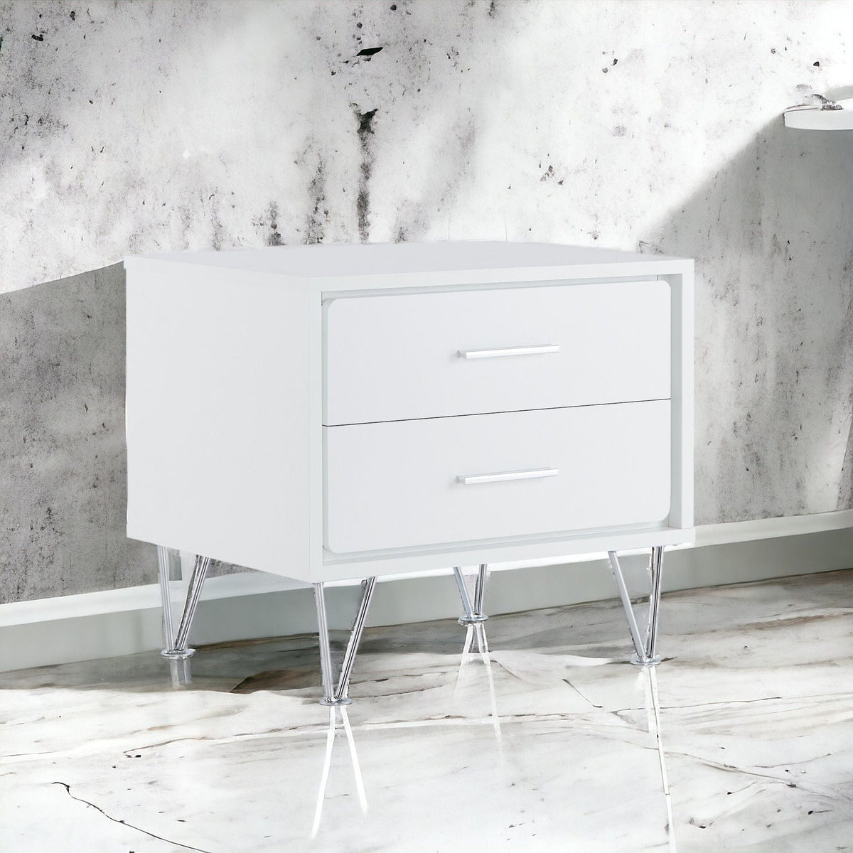 White Accent Table with Storage Drawers and Chrome Legs