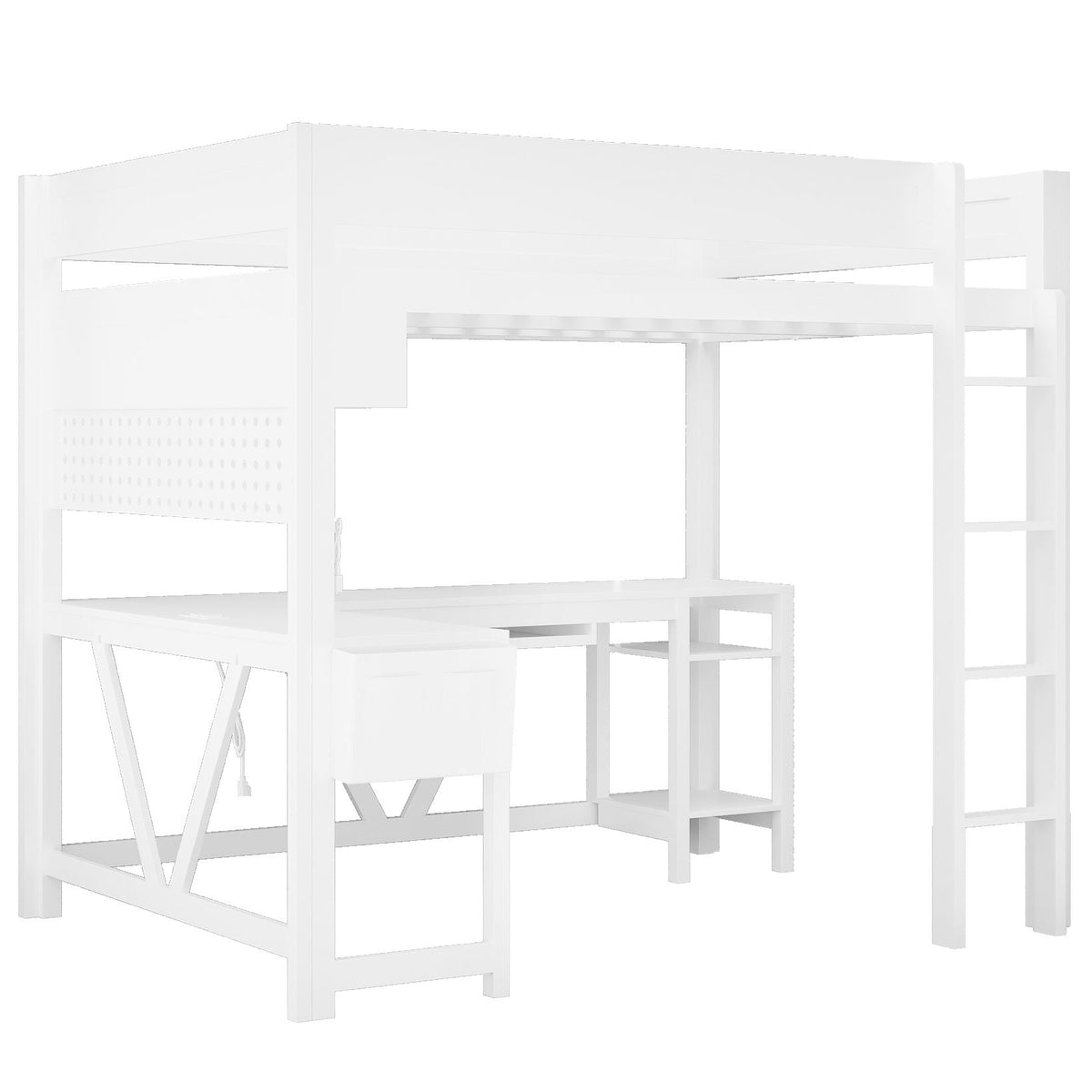 Gaming Loft Bed With Desk, Storage Shelves, LED and Charging Station - Full