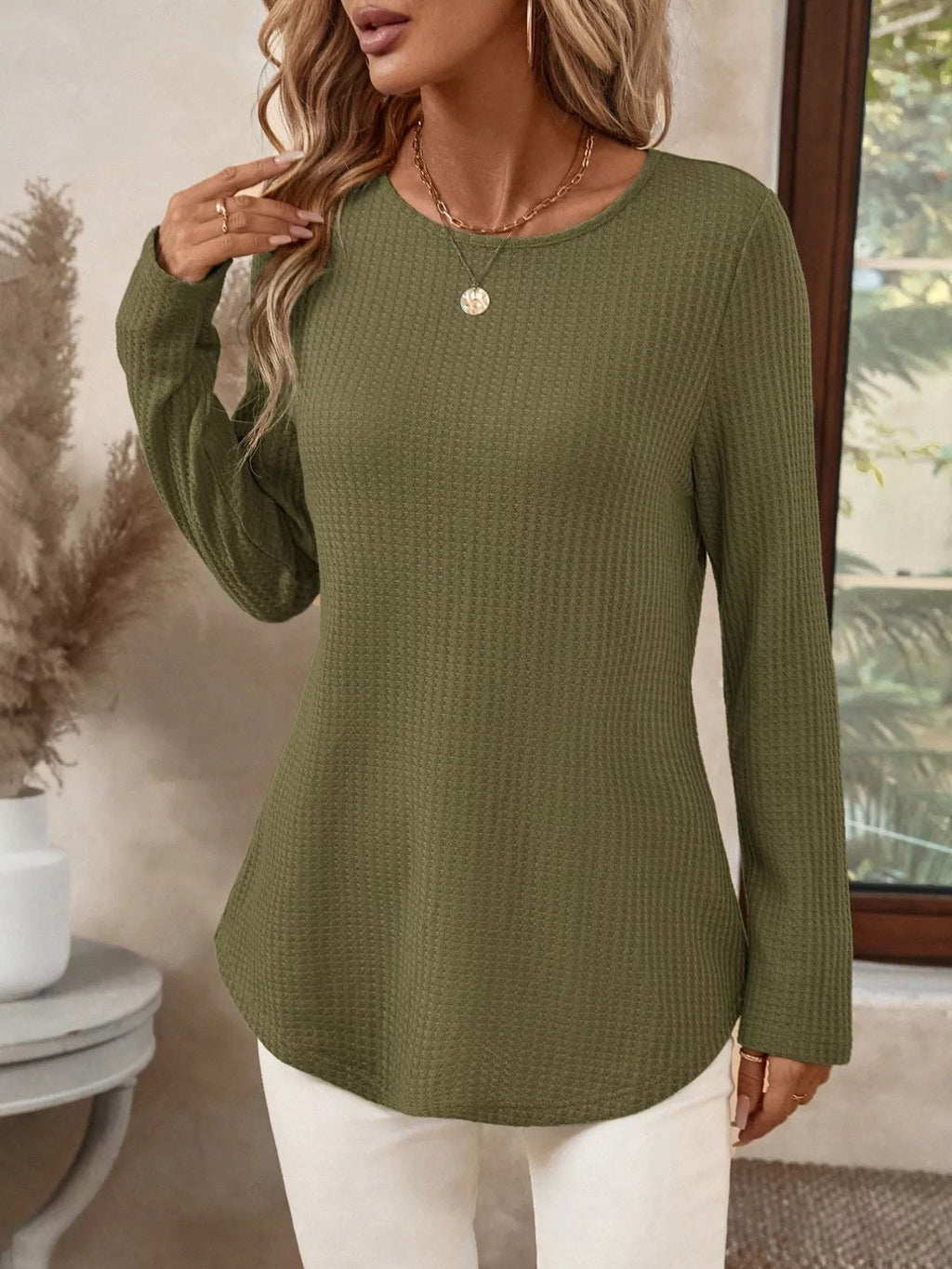 Plus Size Casual Waffle Knit Long Sleeve T-Shirt