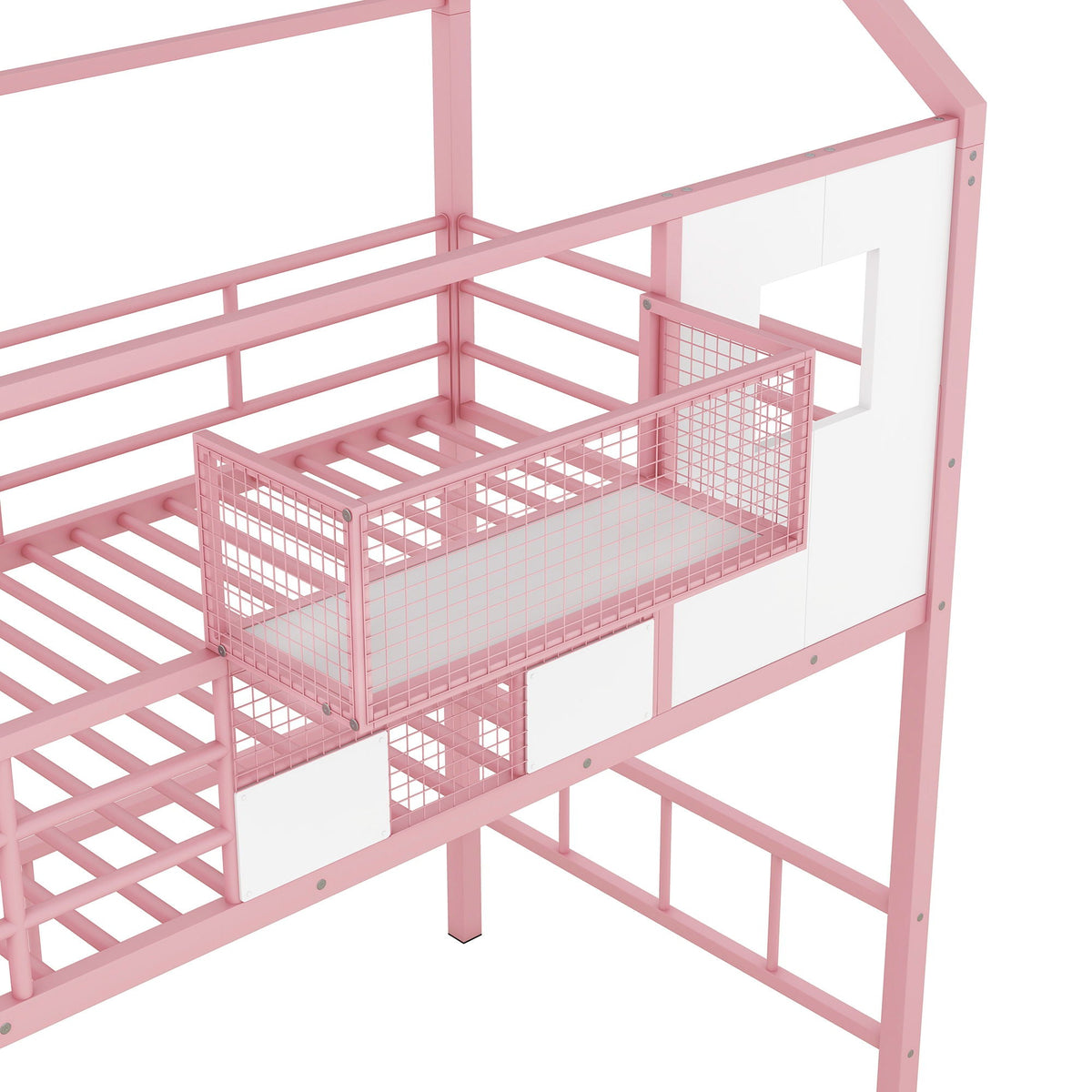 Metal Loft Bed With Roof Design and Storage Box with Guardrails and Integrated Ladder - Twin