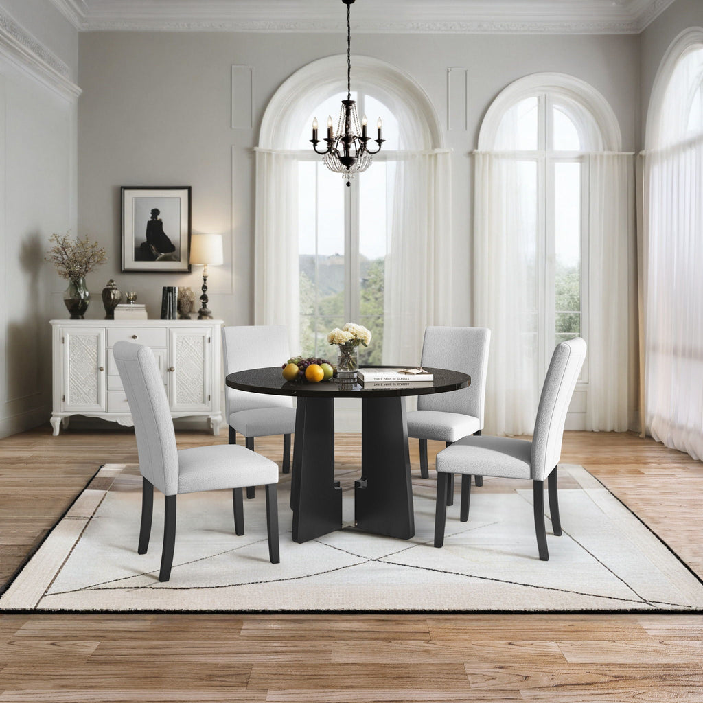 5 Piece Round Dining Table Set with Upholstered Chairs - Black or White