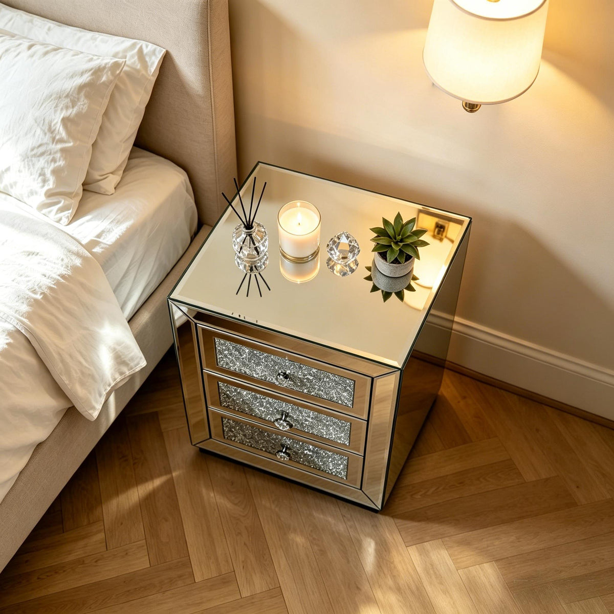 3 Drawer Nightstand with Glass Accents - Silver