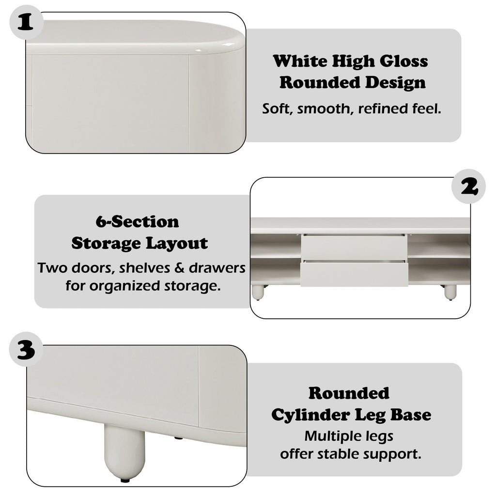 Gloss White TV Stand with Self-Closing Drawers - 94" Wide