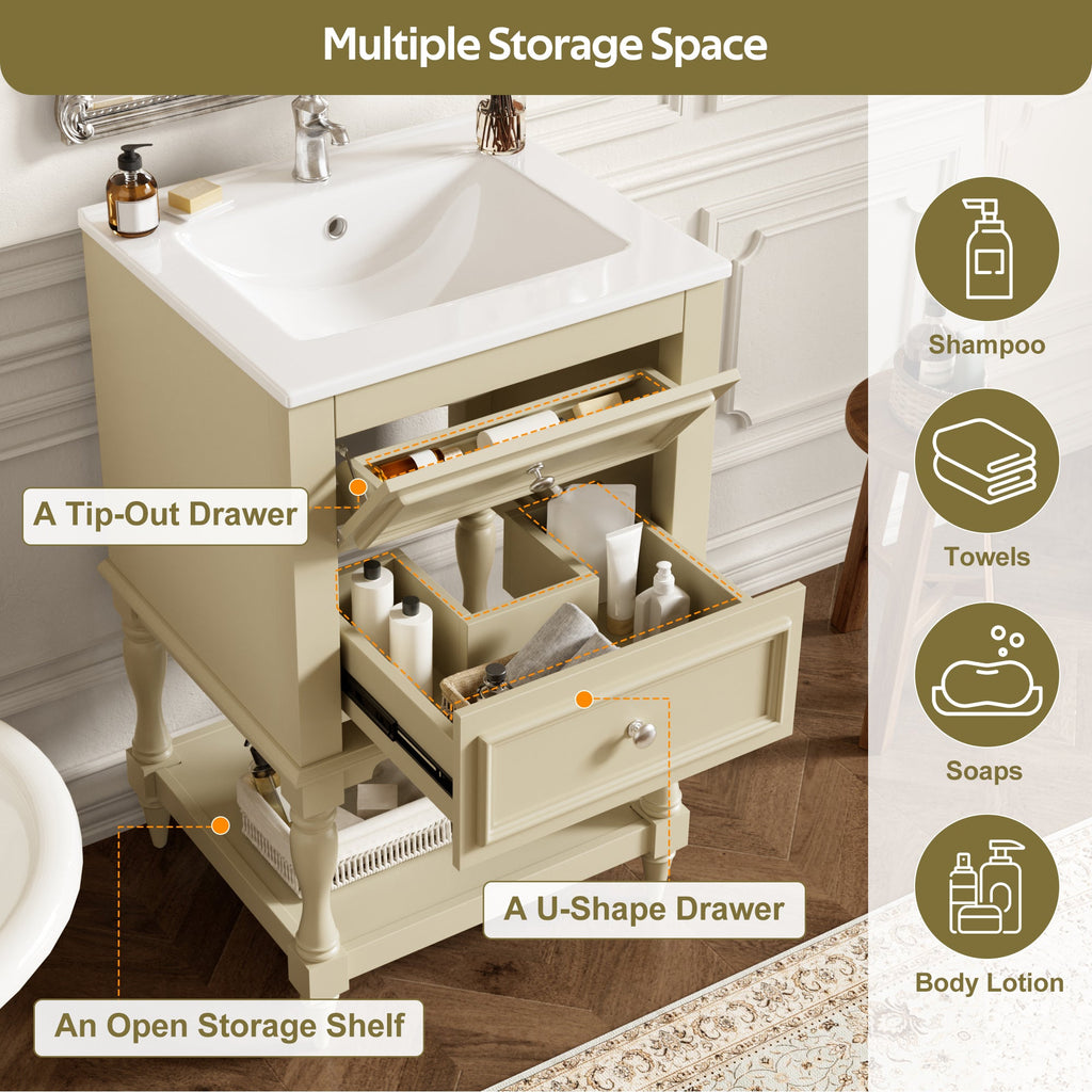 20" Bathroom Vanity with Ceramic Sink and Storage Cabinet – Beige, Black, White