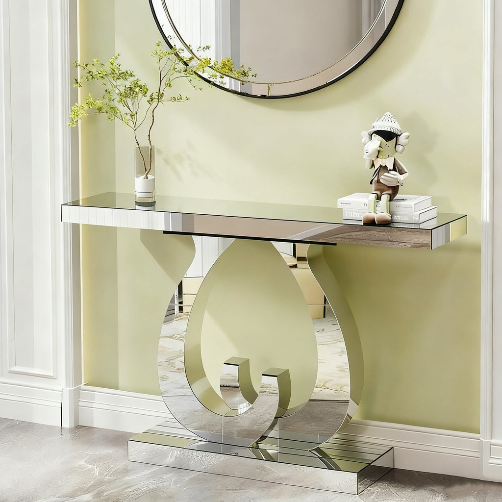 Modern Mirror Side Table with Double C-Shape Base - Silver Mirror