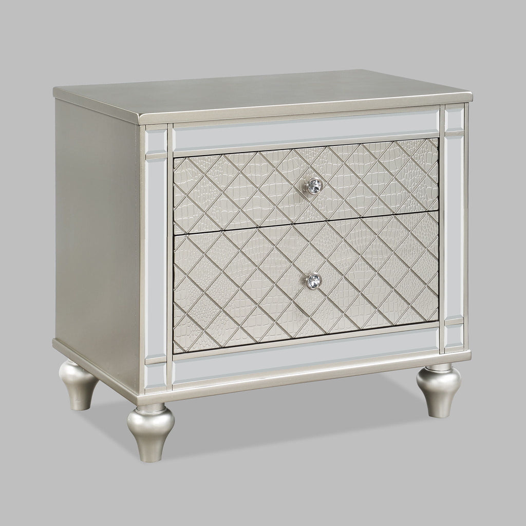 2 Drawer Nightstand with Diamond Patterned Fronts - Silver
