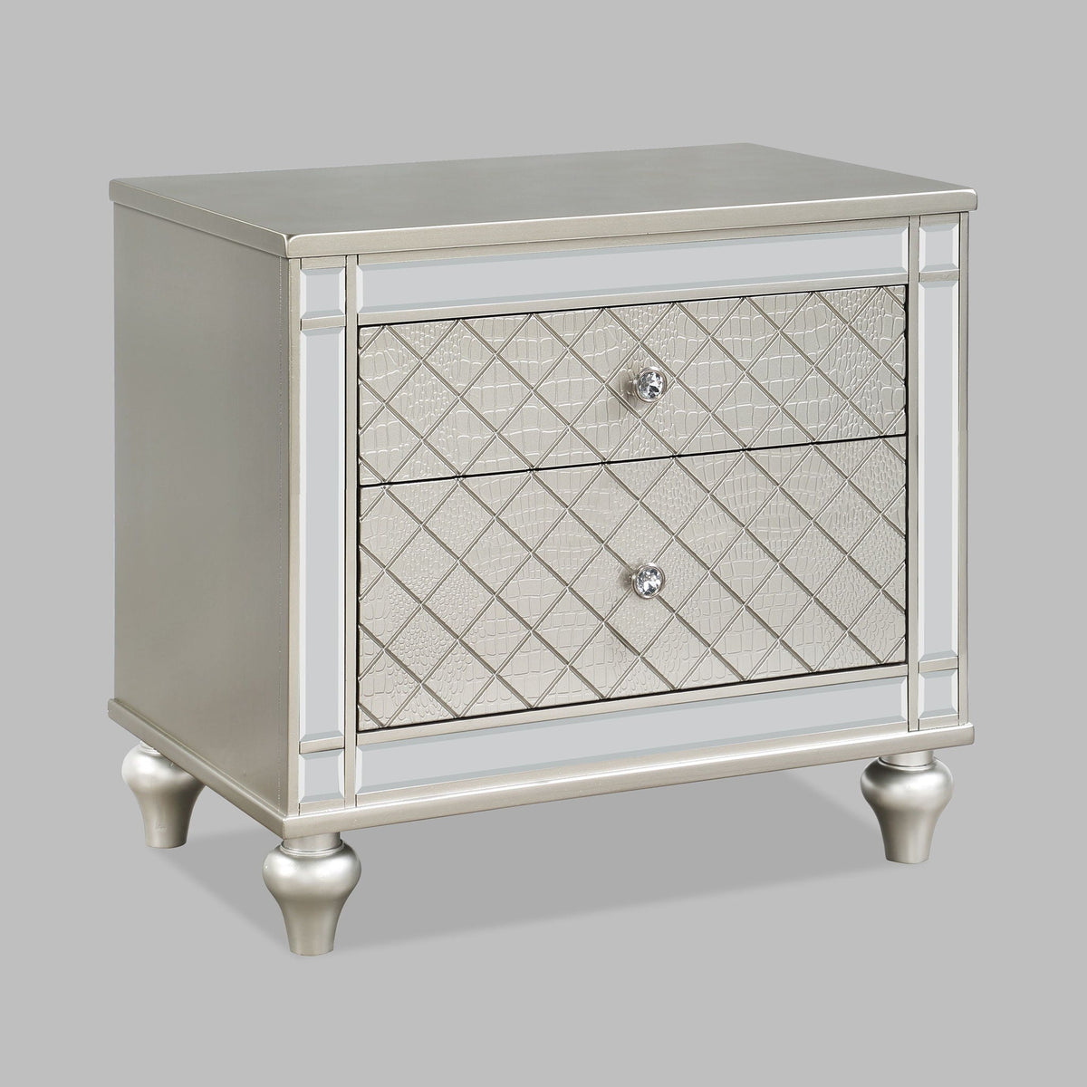2 Drawer Nightstand with Diamond Patterned Fronts - Silver