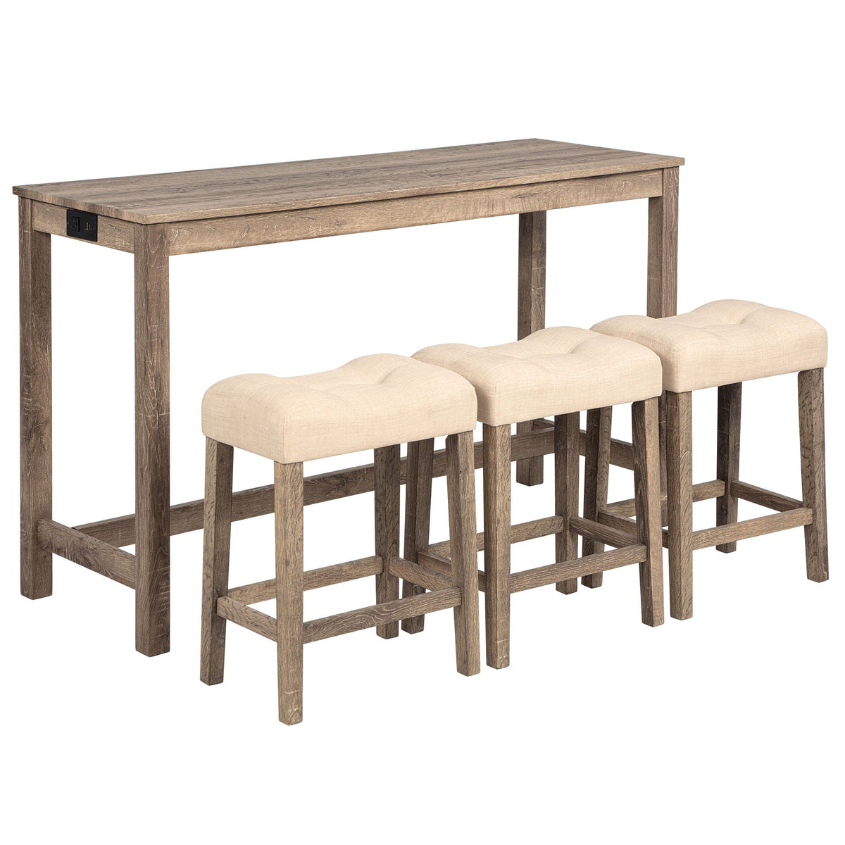 4 Piece Bar Table Set with Power Outlet and 3 Padded Stools - Light Brown or Dark Gray