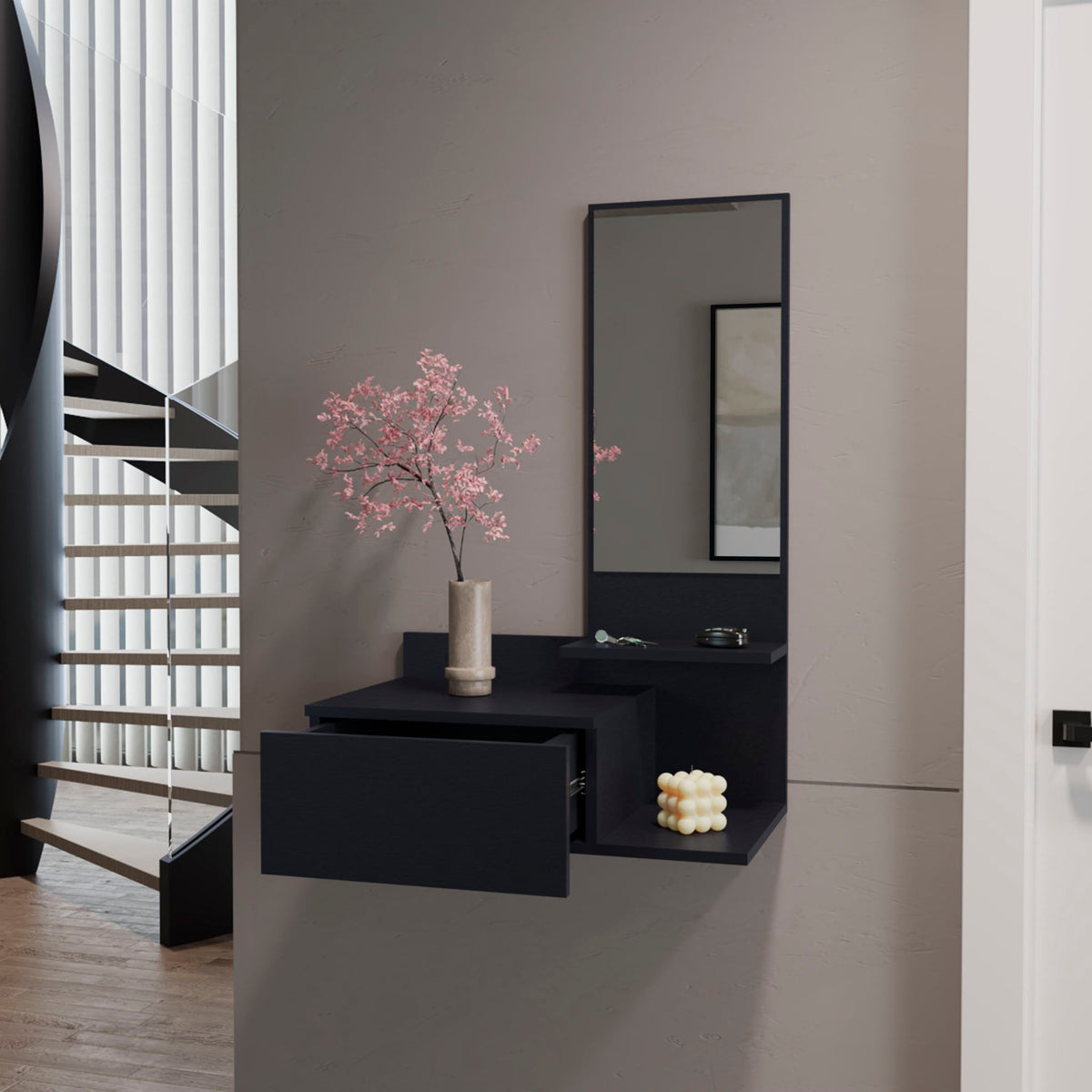 Lowell Floating Hallway Cabinet with Mirror and Storage - White or Black