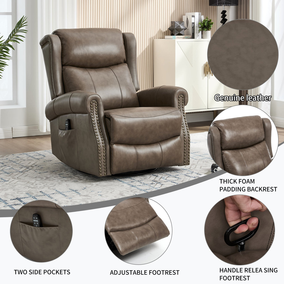 Genuine Leather Heat Massage Manual Recliner Chair with Swivel - Brown+Gray, Blue, Yellow, Red