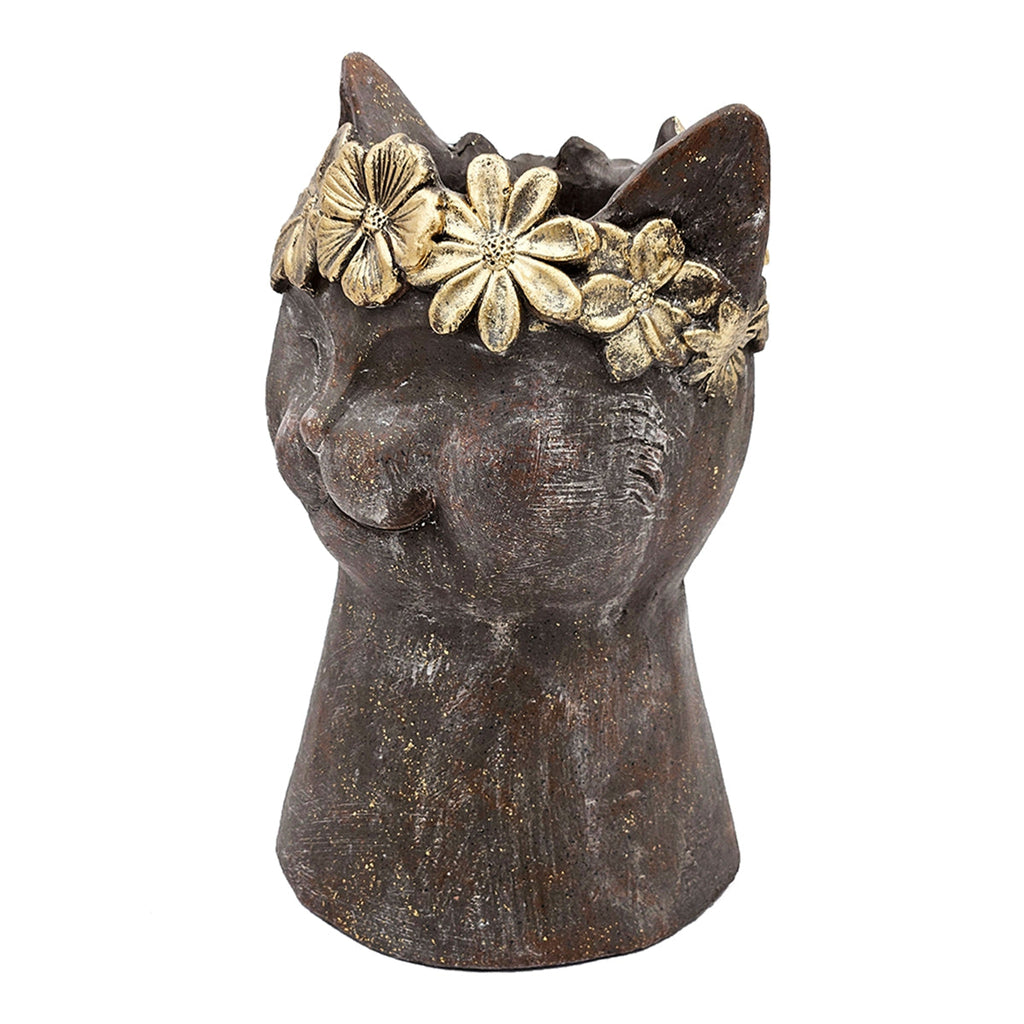 Magnesium Cat Statue Planter with Textured Finish - Brown & Gold