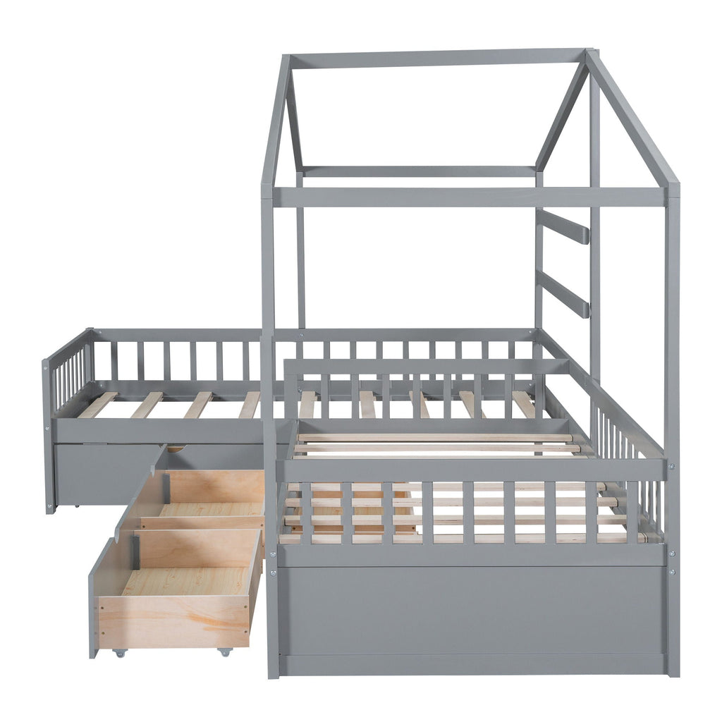 L Shape Twin Platform Bed with 3 Storage Drawers - Dark Gray or White