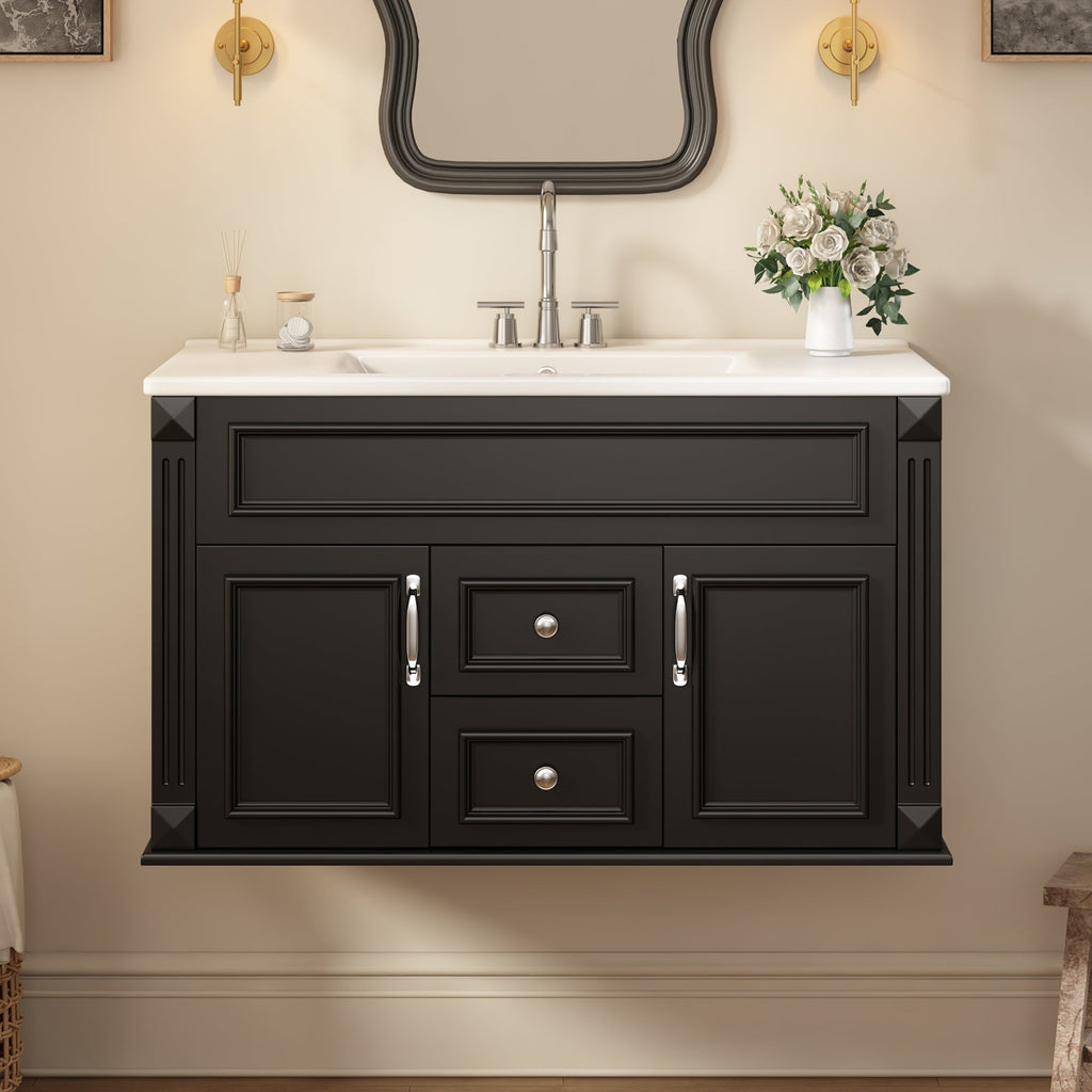 36 Inch Wall Mounted Bathroom Vanity with Ceramic Sink - Multiple Colors