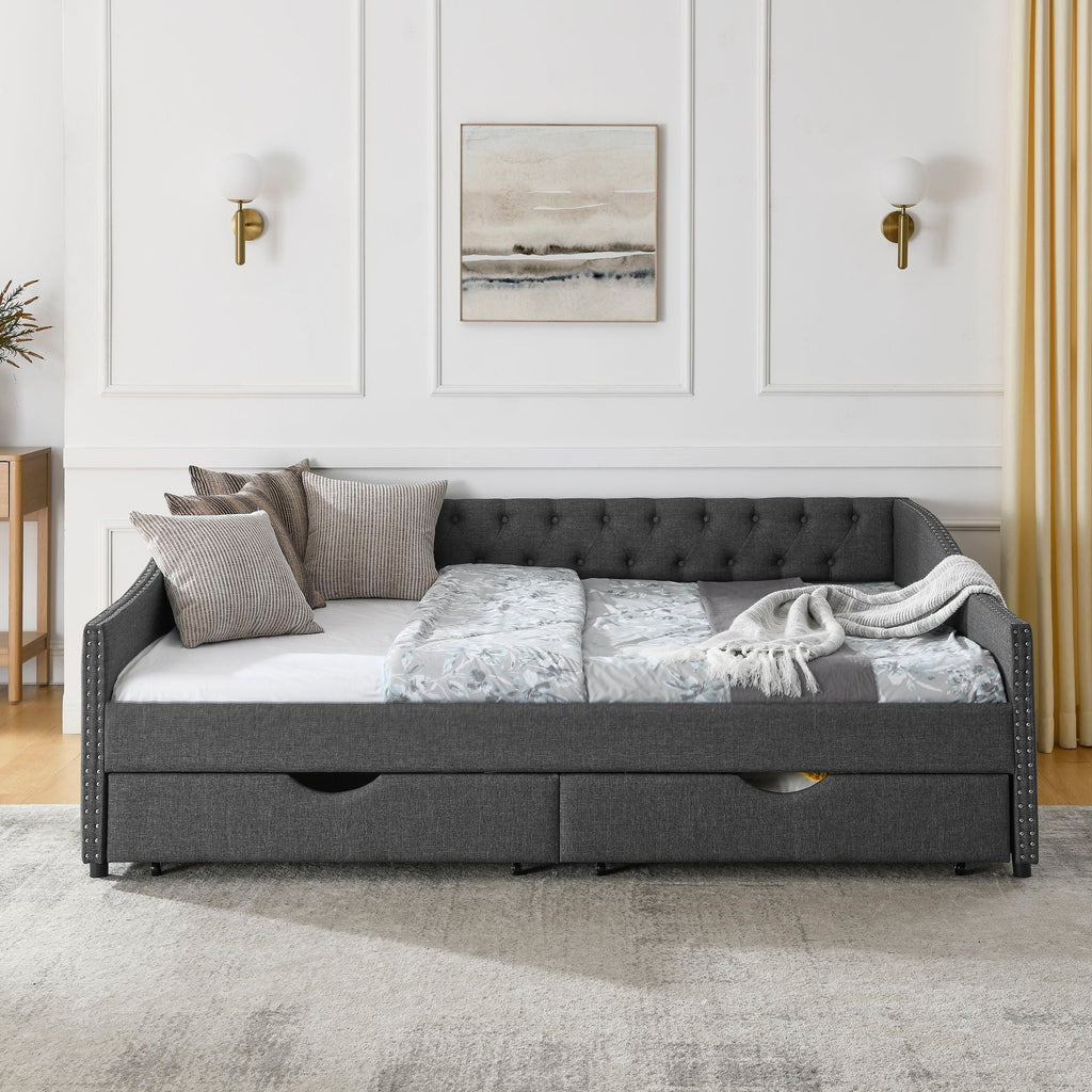 Upholstered Tufted Daybed with 2 Drawers and Waved Arms - Multiple Colors