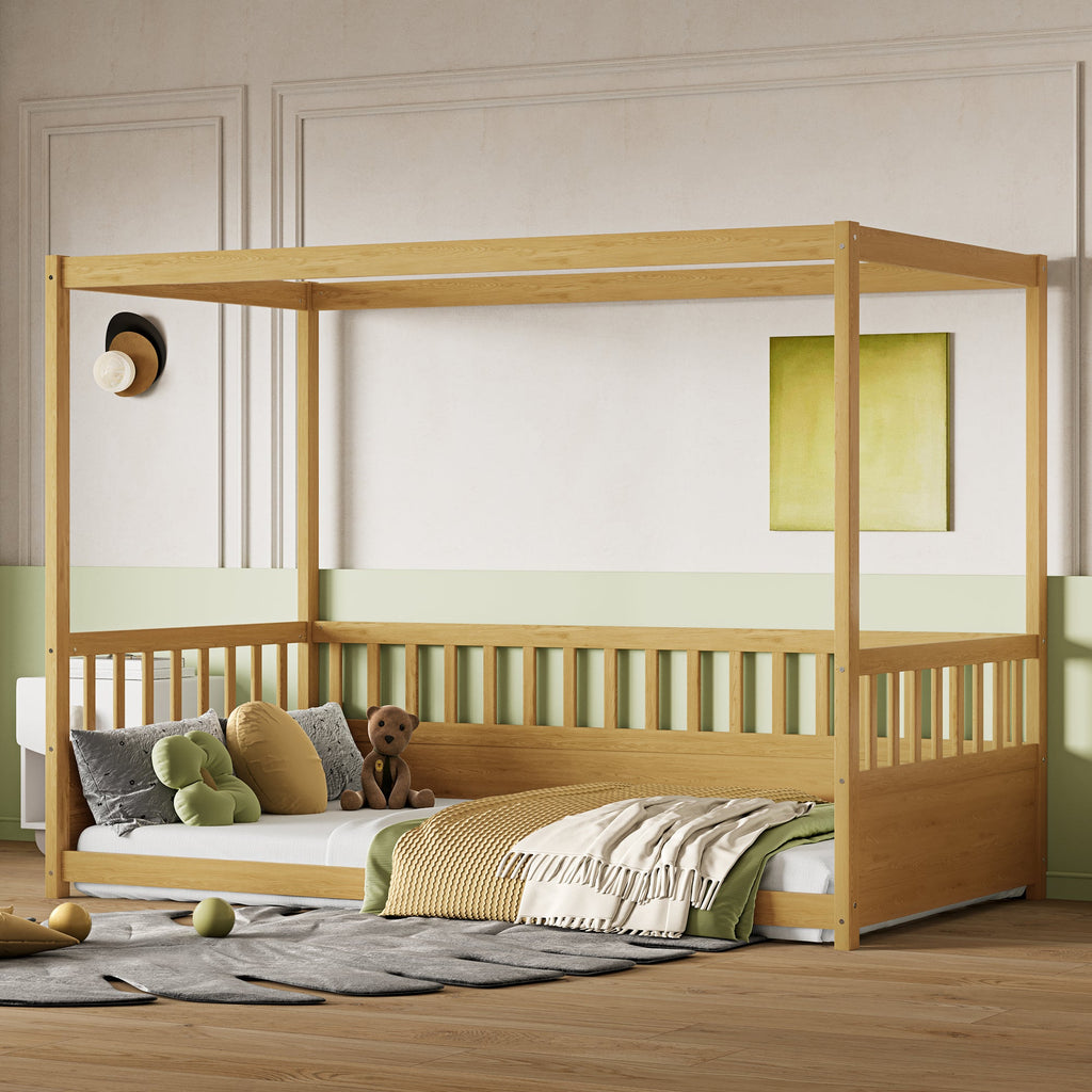 Twin Size Canopy Bed Frame with Guardrails - Natural Wood