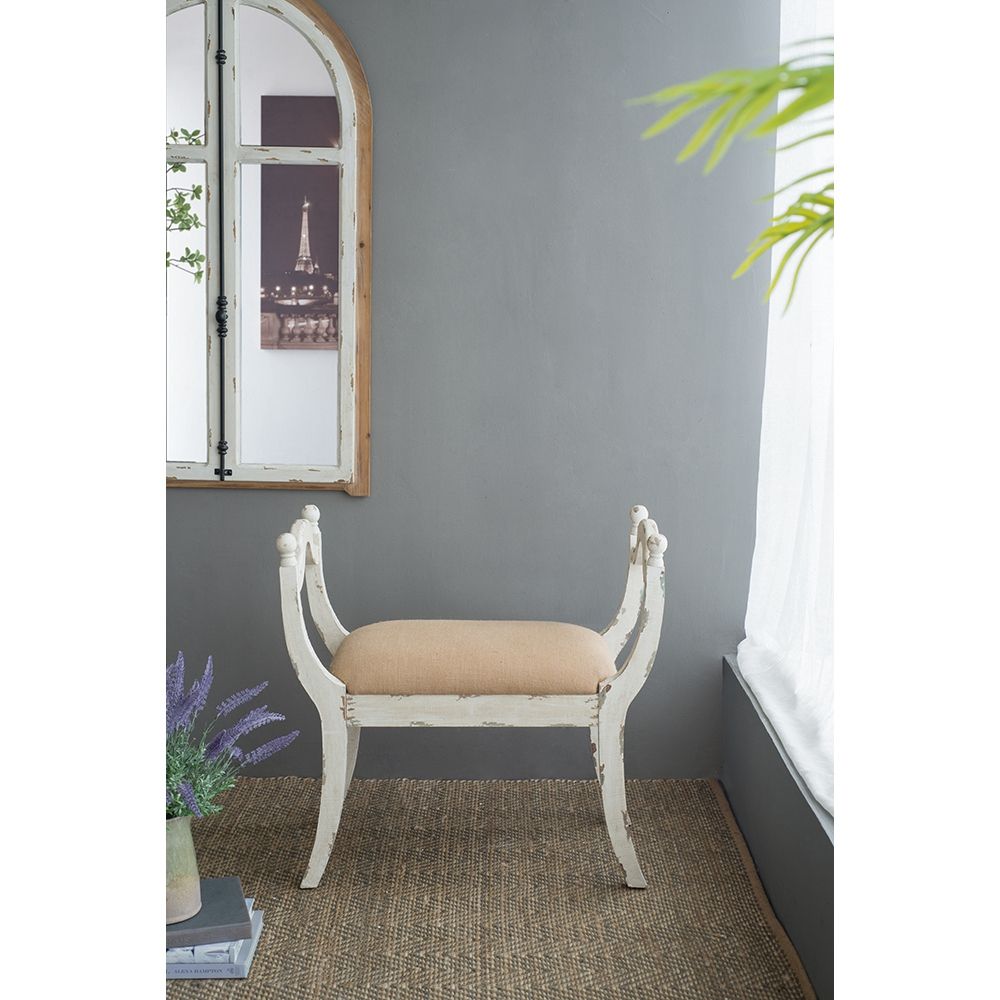 Farmhouse Vanity Bench with Padded Seat - Beige and White
