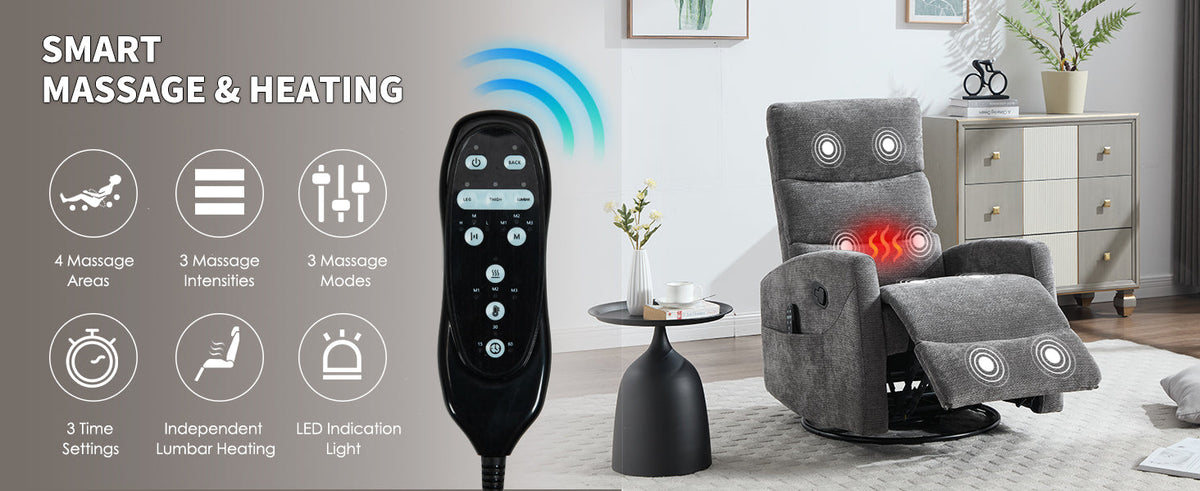 Heat Massage Recliner Chair with Cord-Free Lumbar Heat - Grey