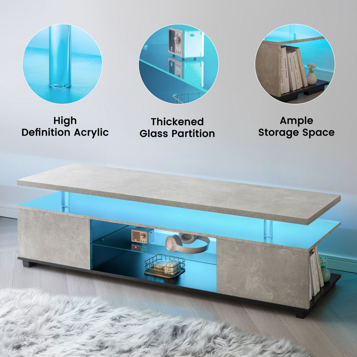 TV Stand with LED and Large Side Cabinet - White, Black, or Gray