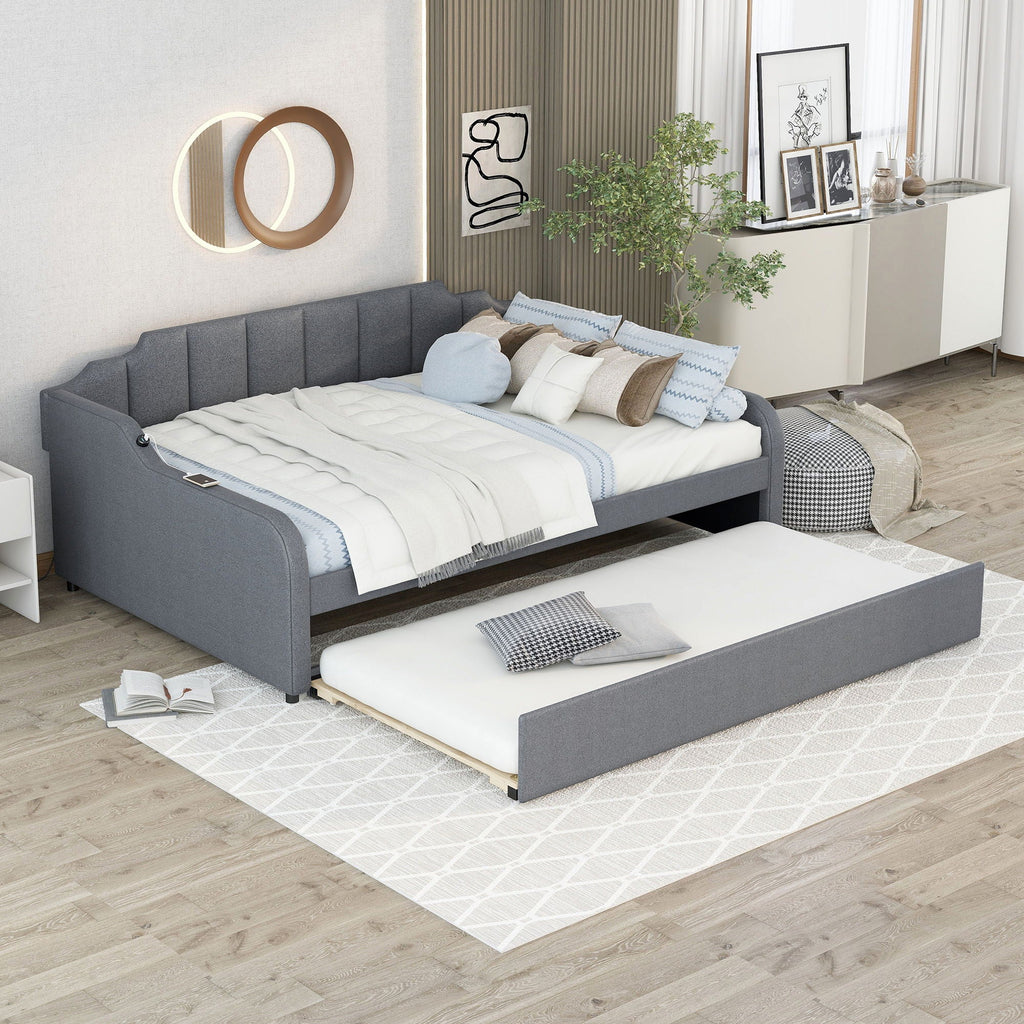 Full Size Upholstered Daybed with Trundle and USB Charging - Gray