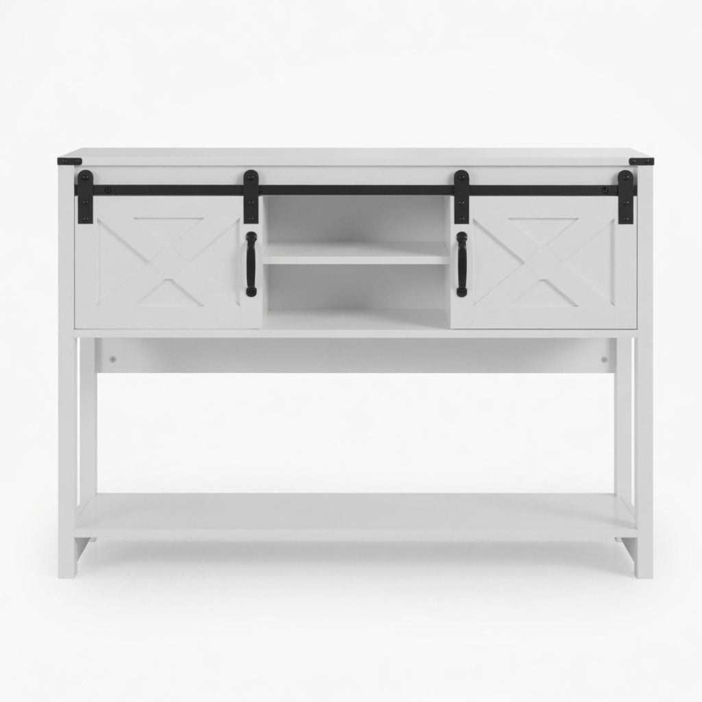 Farmhouse Entryway Table with Sliding Barn Door - Gray, Dark Gray, White, Black