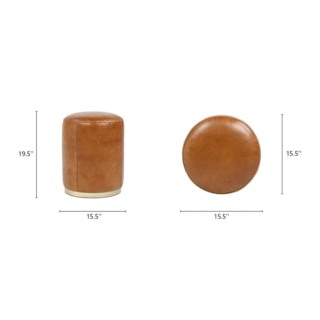 Brown Leather Round Ottoman Stool with Brass Base