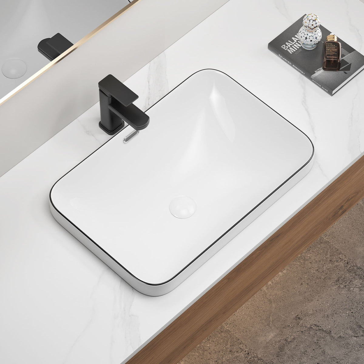 Milk White / Black Undermount Bathroom Sink with Flush-Mount Basin