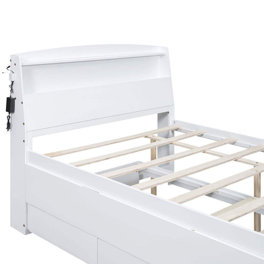 Full Size Platform Bed with Storage LED Headboard and Twin Trundle - White