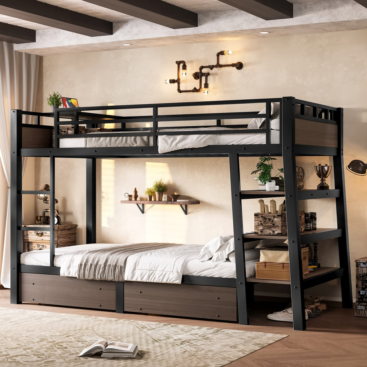 Twin Size Metal Bunk Bed with Storage Shelves and LED Light Strip - Black