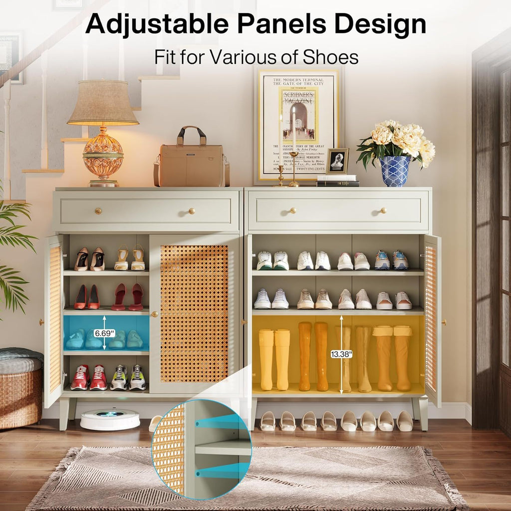 Mint Green Shoe Cabinet With Rattan Doors and Drawer - 4 Tier Storage Organizer