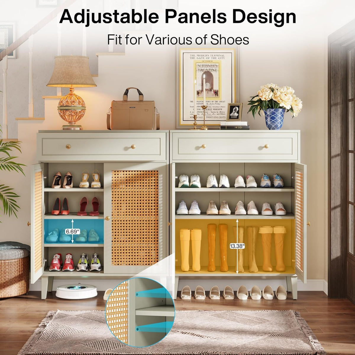 Mint Green Shoe Cabinet With Rattan Doors and Drawer - 4 Tier Storage Organizer