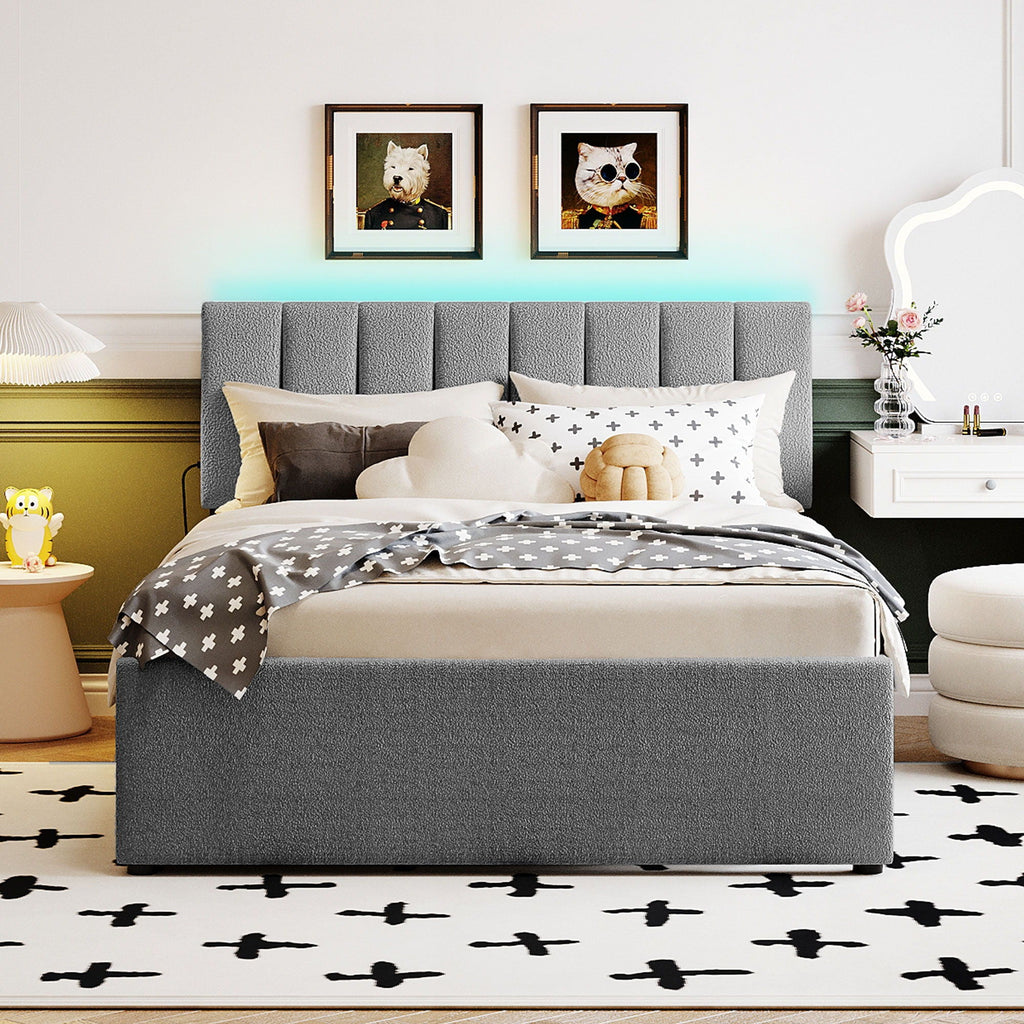 Upholstered Platform Bed With Trundle and LED Lights - Full or Queen