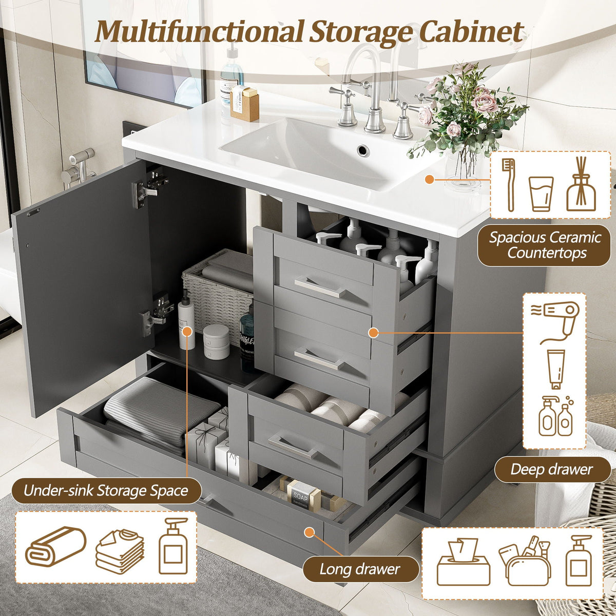 Traditional Bathroom Vanity Set with Soft Close Doors - Multiple Colors
