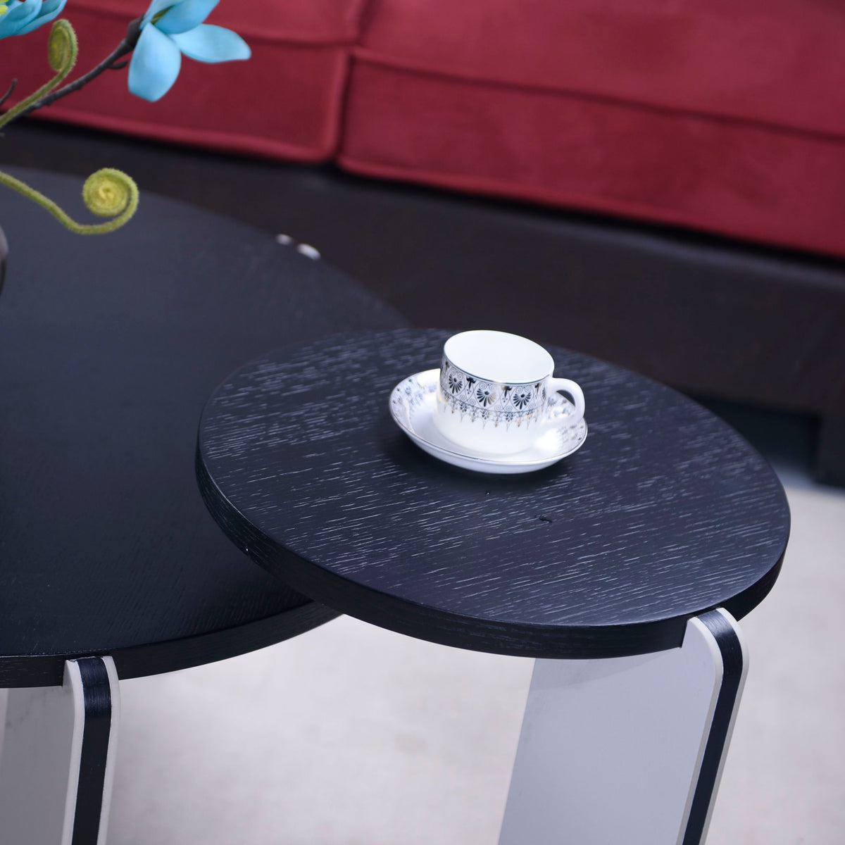 Round Coffee & End Table Set with Sintered Stone Legs - Black