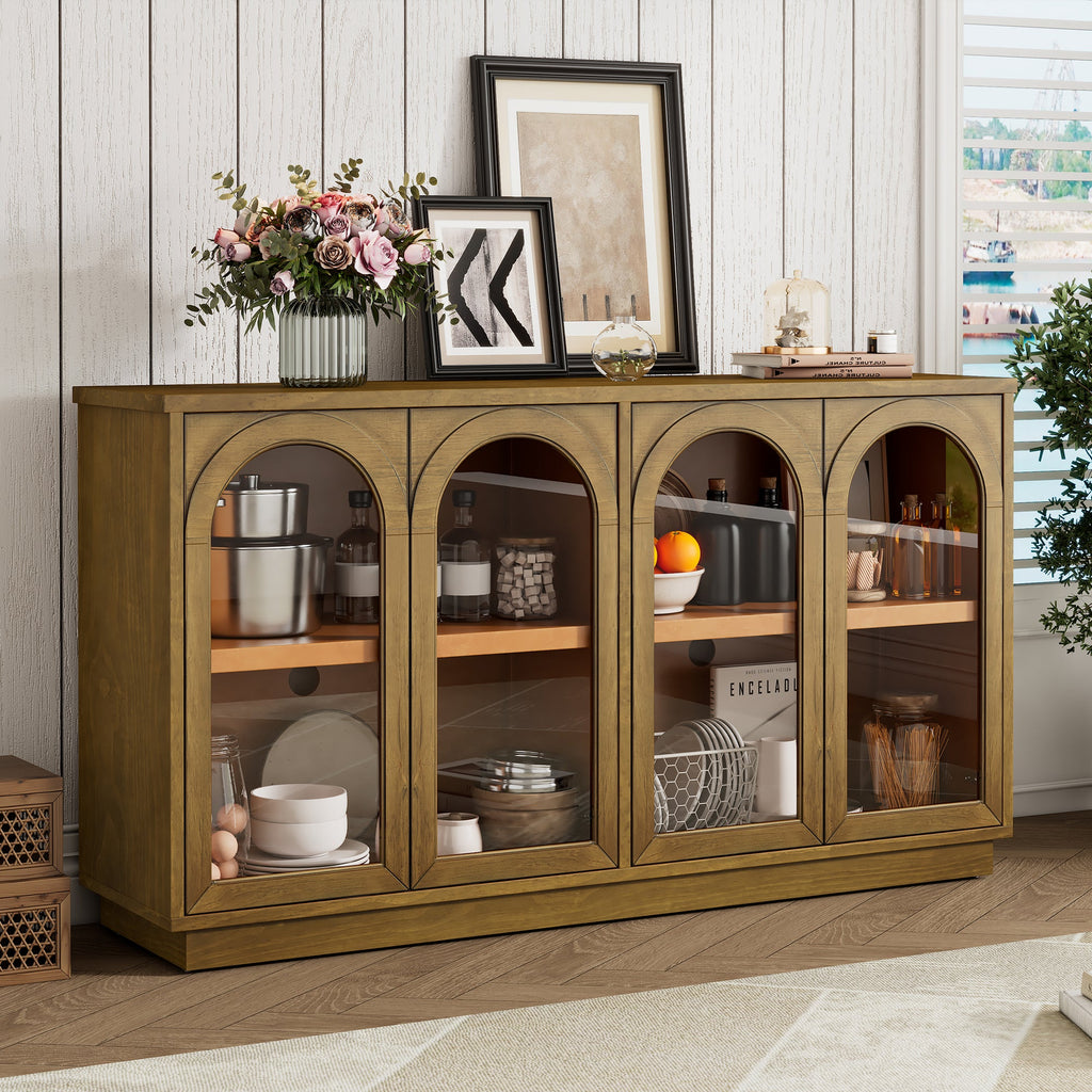 Large Storage Buffet Cabinet with Glass Doors - 4-Door Server, MDF & Pine Wood