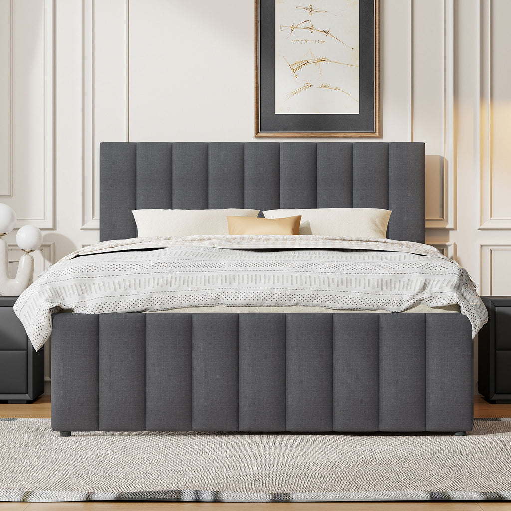 Upholstered Platform Bed with Twin Size Trundle and 3 Drawers - Beige, Full