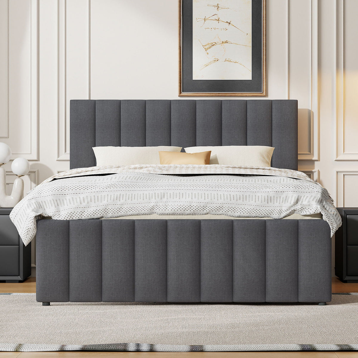 Upholstered Platform Bed with Twin Size Trundle and 3 Drawers - Beige, Full