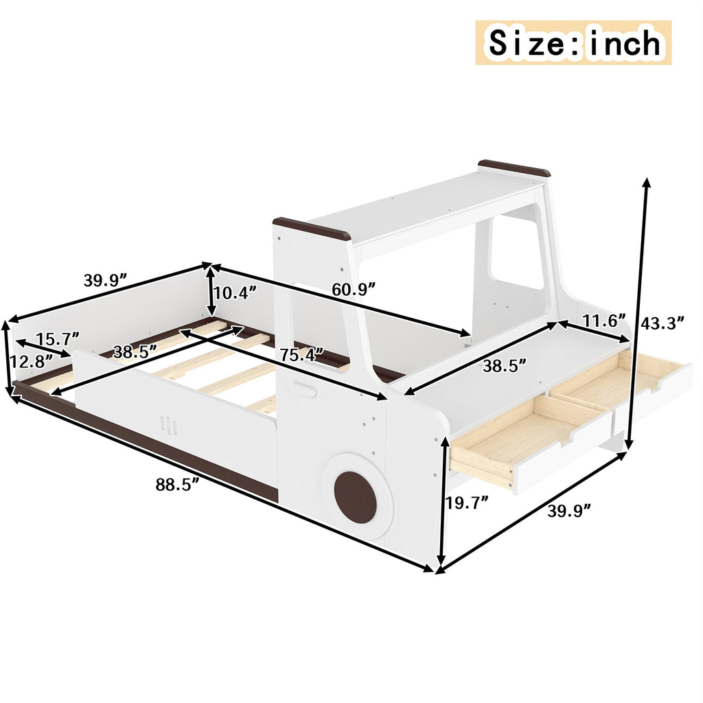 Twin Size Car-Shaped Floor Bed with Storage Drawers - Pine Wood