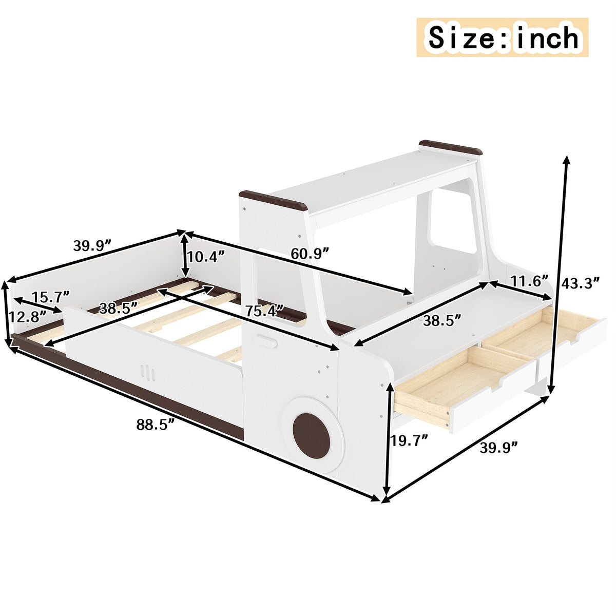 Twin Size Car-Shaped Floor Bed with Storage Drawers - Pine Wood