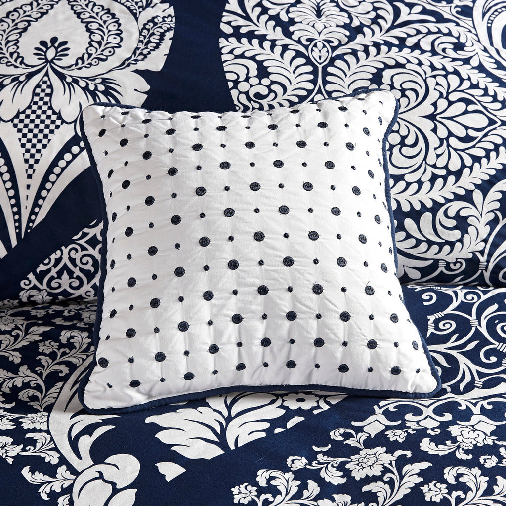 Indigo Cotton Comforter Set with Damask Pattern - Cal King, 7 Piece