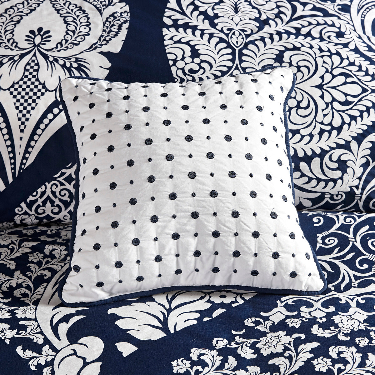 Indigo Cotton Comforter Set with Damask Pattern - Cal King, 7 Piece