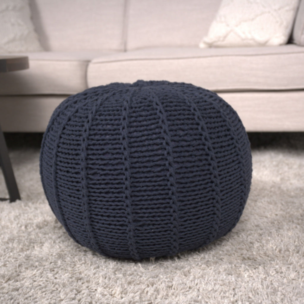 Knitted Round Pouf Ottoman with Polystyrene Fill - Beige or Blue