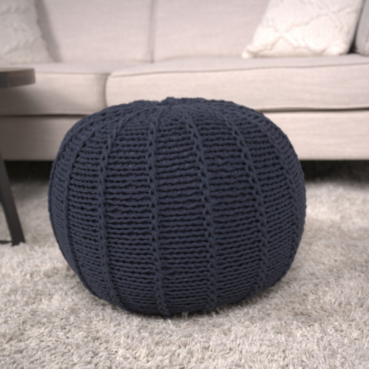 Knitted Round Pouf Ottoman with Polystyrene Fill - Beige or Blue