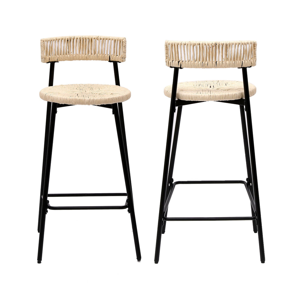 Boho Style Handwoven Paper Rope Counter Stools with Rubber Wood Frame - Light Brown or Beige